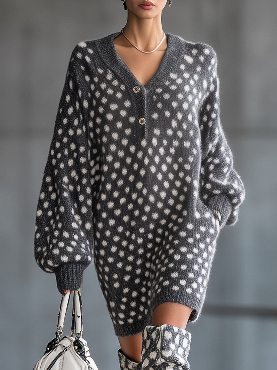 Fashionable Grey Knit White Polka Dot Textured Round Neck Midi Dress