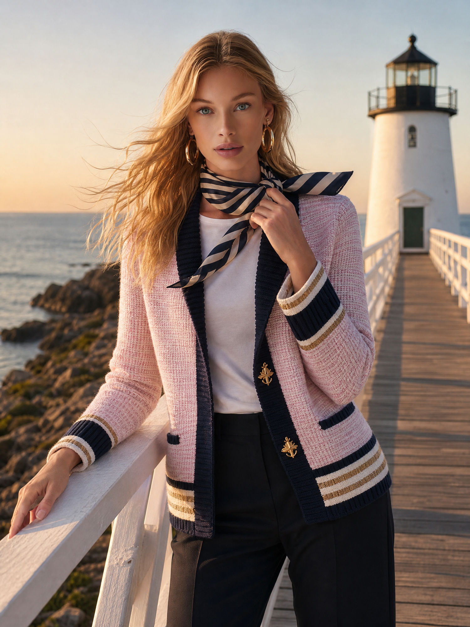 Elegant Classic Contrasting Shawl Collar Light Pink Knit Jacket