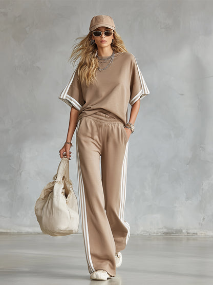 Casual Everyday Sports Striped-trim Khaki T-shirt And Pants Set
