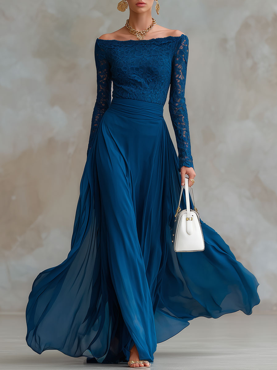 Fashionable Retro Long-sleeved Indigo Blue Lace Chiffon Maxi Dress