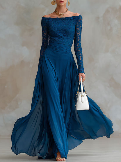 Fashionable Retro Long-sleeved Indigo Blue Lace Chiffon Maxi Dress