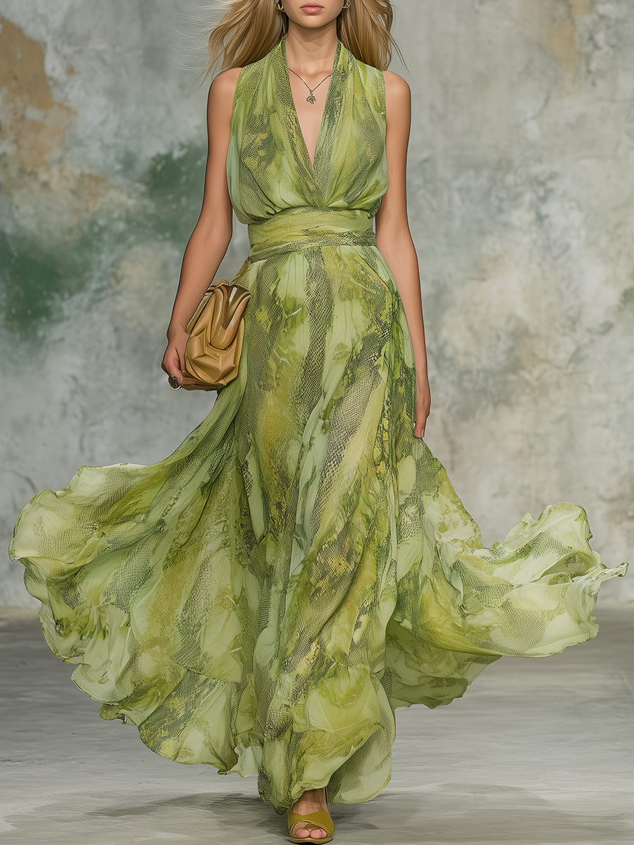 Vintage And Elegant Snake Print Chiffon Maxi Dress