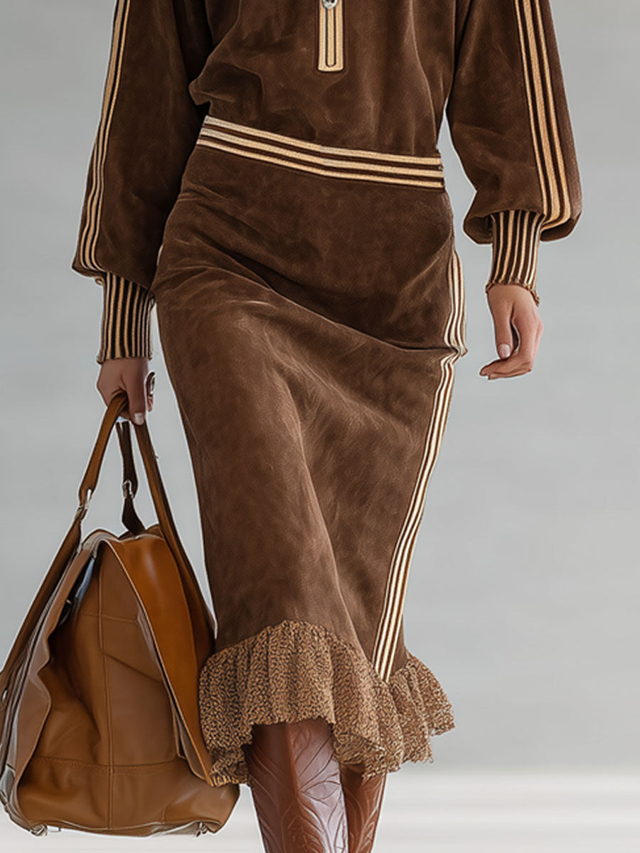 Color-blocked Faux Suede Half-zip Lace-trimmed Midi Dress