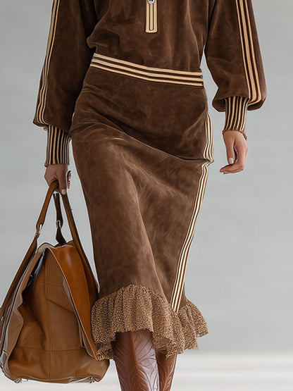 Color-blocked Faux Suede Half-zip Lace-trimmed Midi Dress