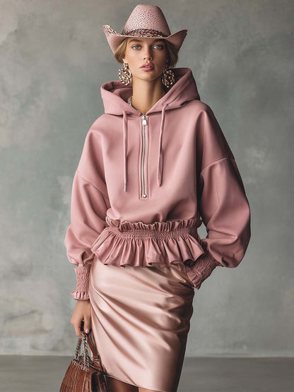 Elegant Exquisite Casual Ruffled Hem Front Zipper Front Zipper.Pink Cotton Hoodie