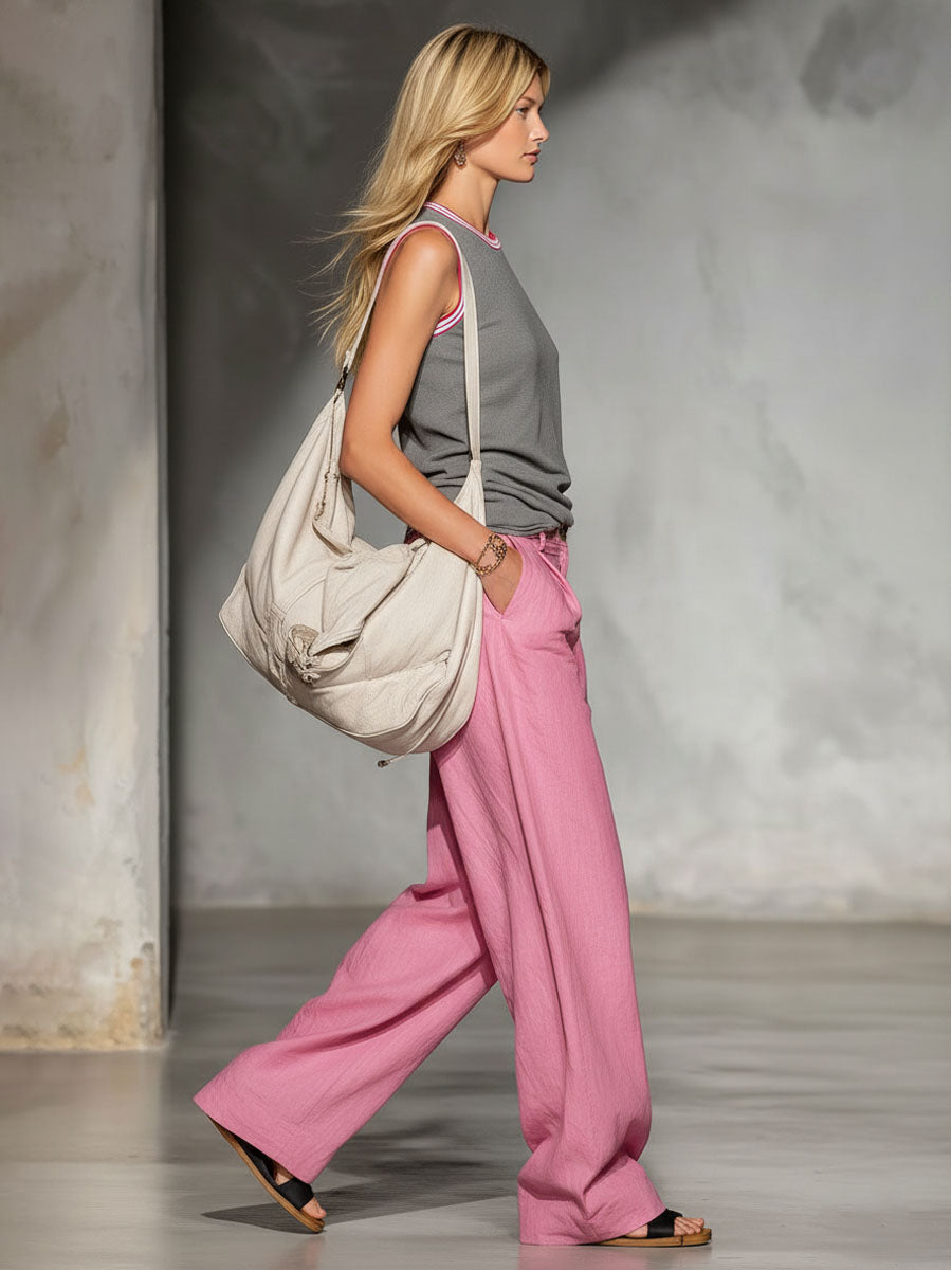 Round-neck Sleeveless Top And Cotton And Linen Wide-leg Pants Set