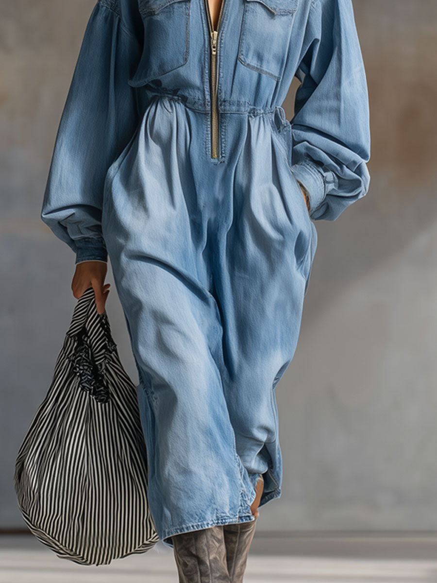 Loose-fitting Stand-up Collar Zippered Multi-pocket Denim Midi Dress