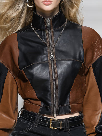 Retro Casual Brown And Black Patchwork PU Jacket