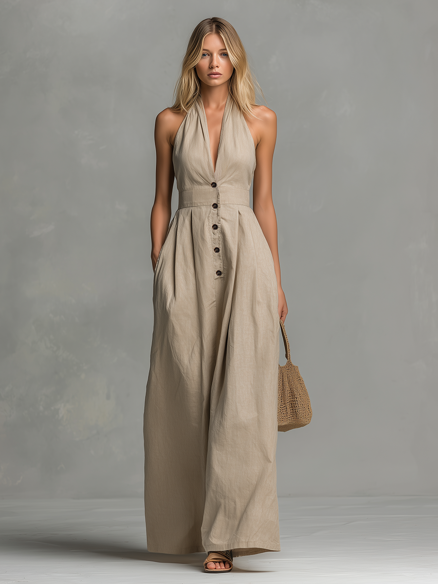 Casual And Comfortable Halter Neck V-neck Sleeveless Button-down Jumpsuit