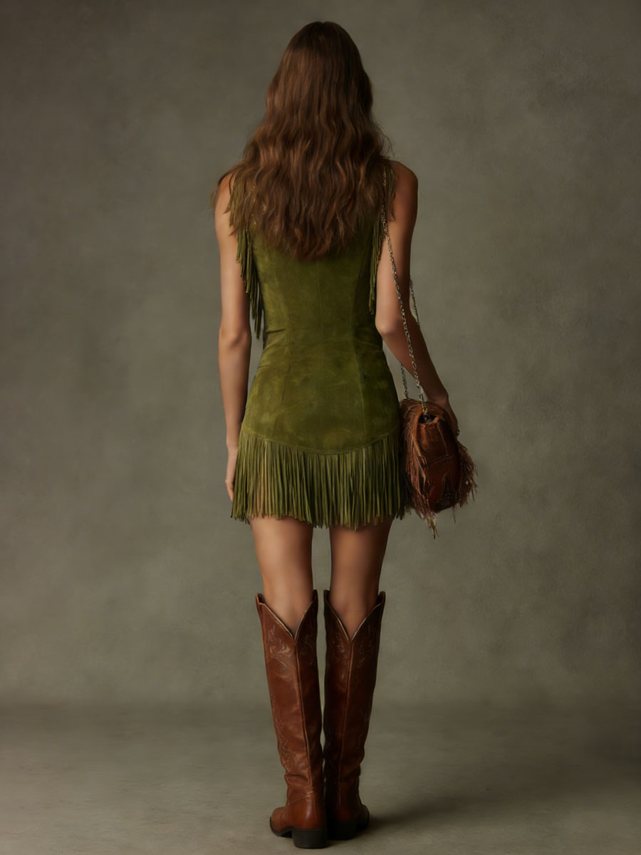 Western Retro Military Green Faux Suede Embroidered Tassel Sleeveless Mini Dress