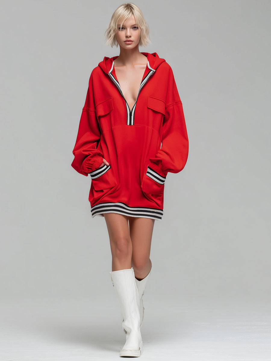Loose-fitting Color-blocked Ribbed Pocketed Hooded Long-sleeved Mini Dress