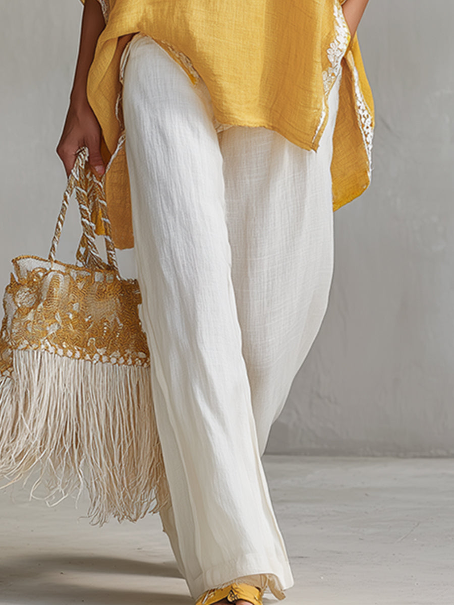 Minimalist Urban Style Color-blocked Cotton And Linen T-shirt And Wide-leg Pants Set