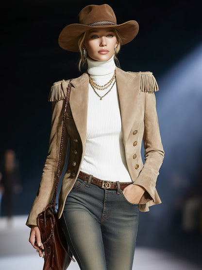 Fashionable Western Beige Suede Double-Breasted Set