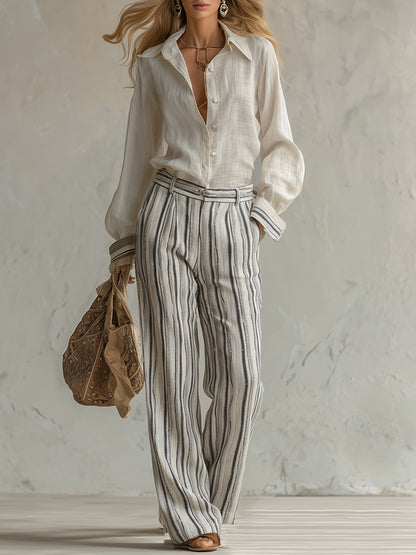 Elegant And Casual Cotton And Linen Off-white Shirt And Striped Wide-leg Pants Set