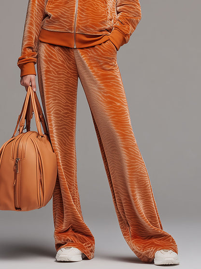 Sporty Retro Orange Zebra Print Velvet Hooded Sweatshirt And Wide-Leg Pants Set