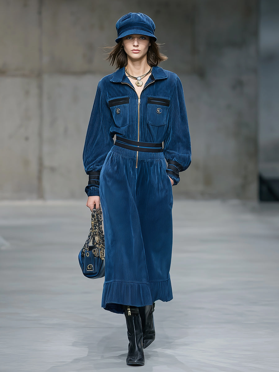 Blue Corduroy Dress With Black Webbing Zip Pockets Midi Dress