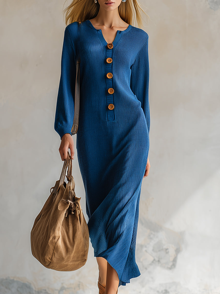 Elegant Urban Style Blue Thin Knit Maxi Dress
