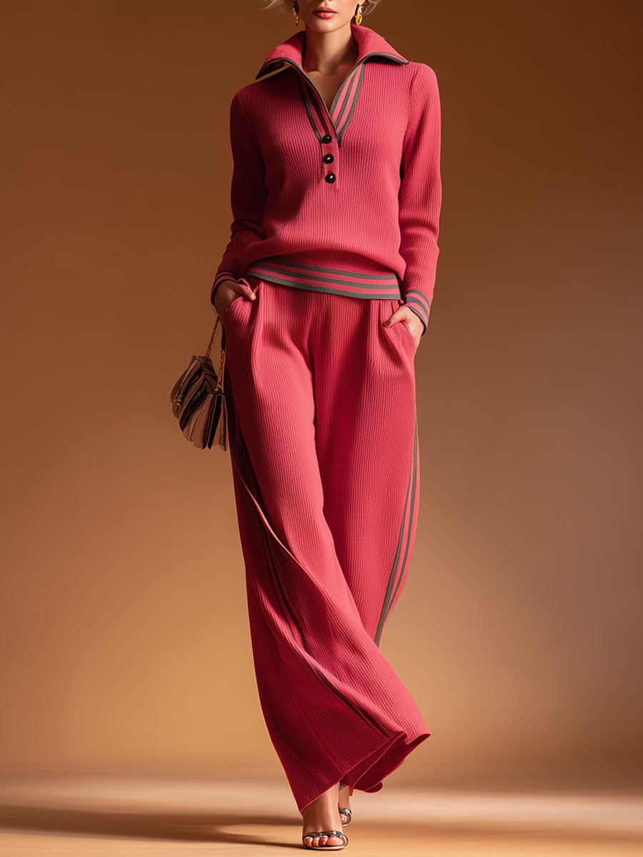 Casual Style Red Knitted Top And Wide-leg Pants Set
