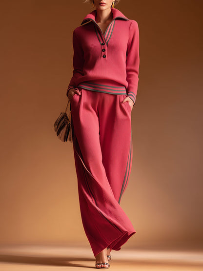 Casual Style Red Knitted Top And Wide-leg Pants Set