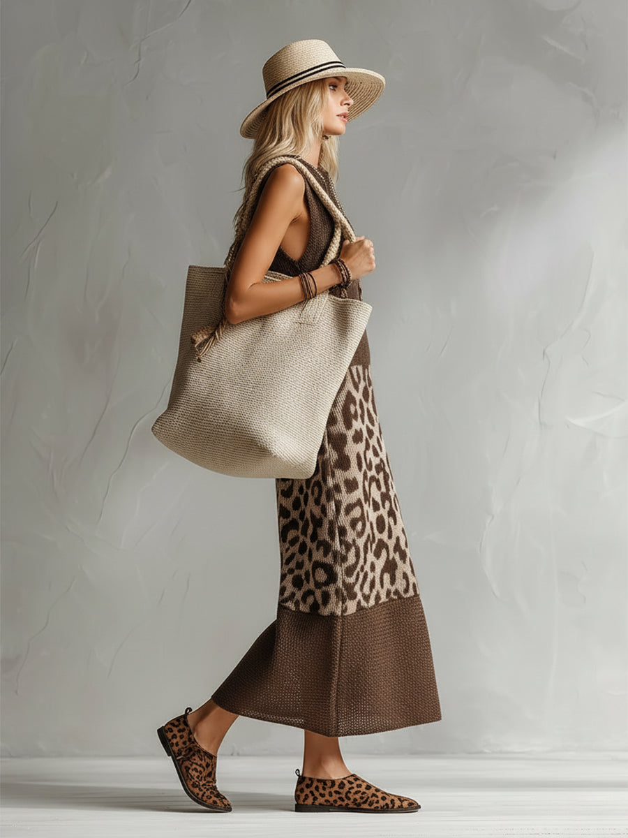 Elegant Brown Leopard Print Mesh Breathable Knit Sleeveless Maxi Dress