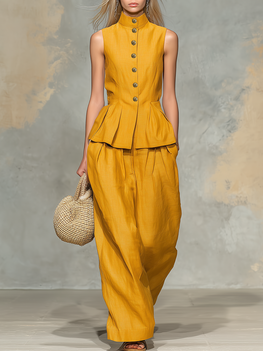 Retro Casual Stand-collar Sleeveless Button-up Top And Trousers Set.