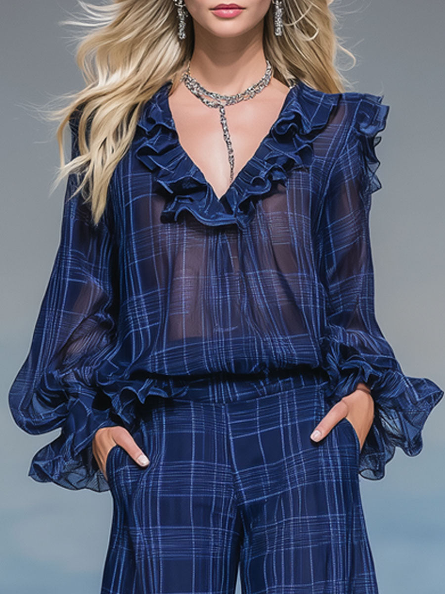 Plaid Print V-neck Ruffled Long-sleeved Top And Wide-leg Pants Set