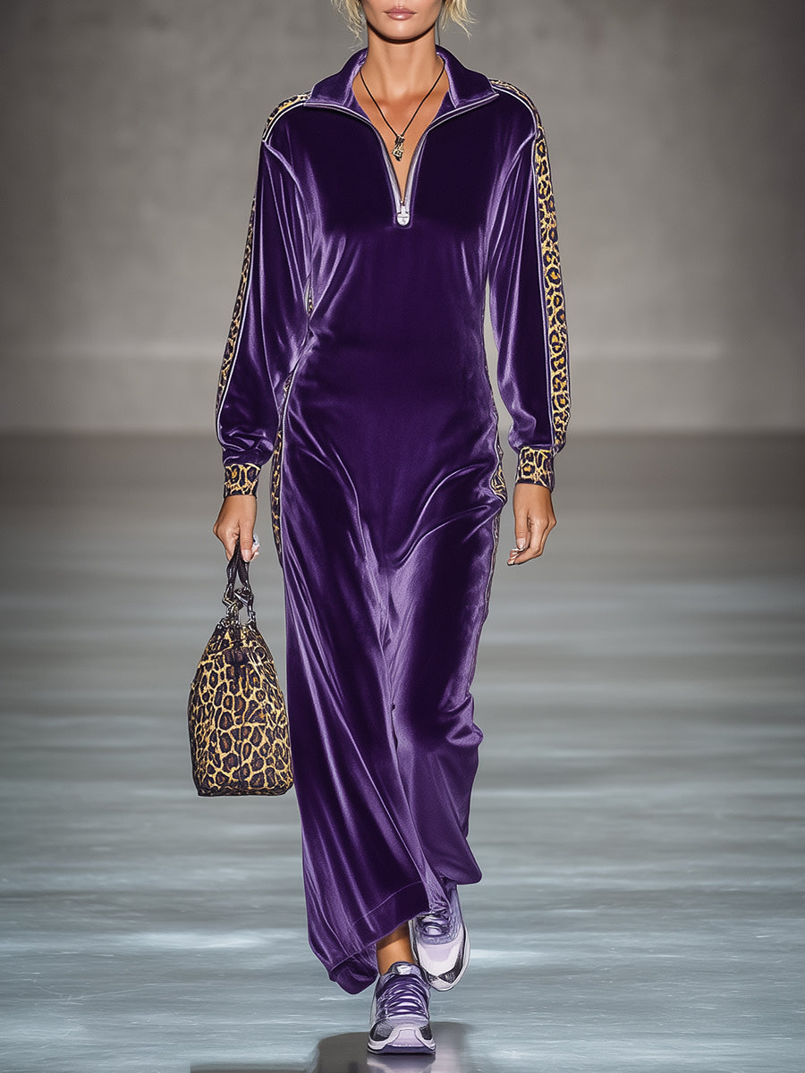 Stylish Purple Loose-fitting Zippered Leopard Print Maxi Dress
