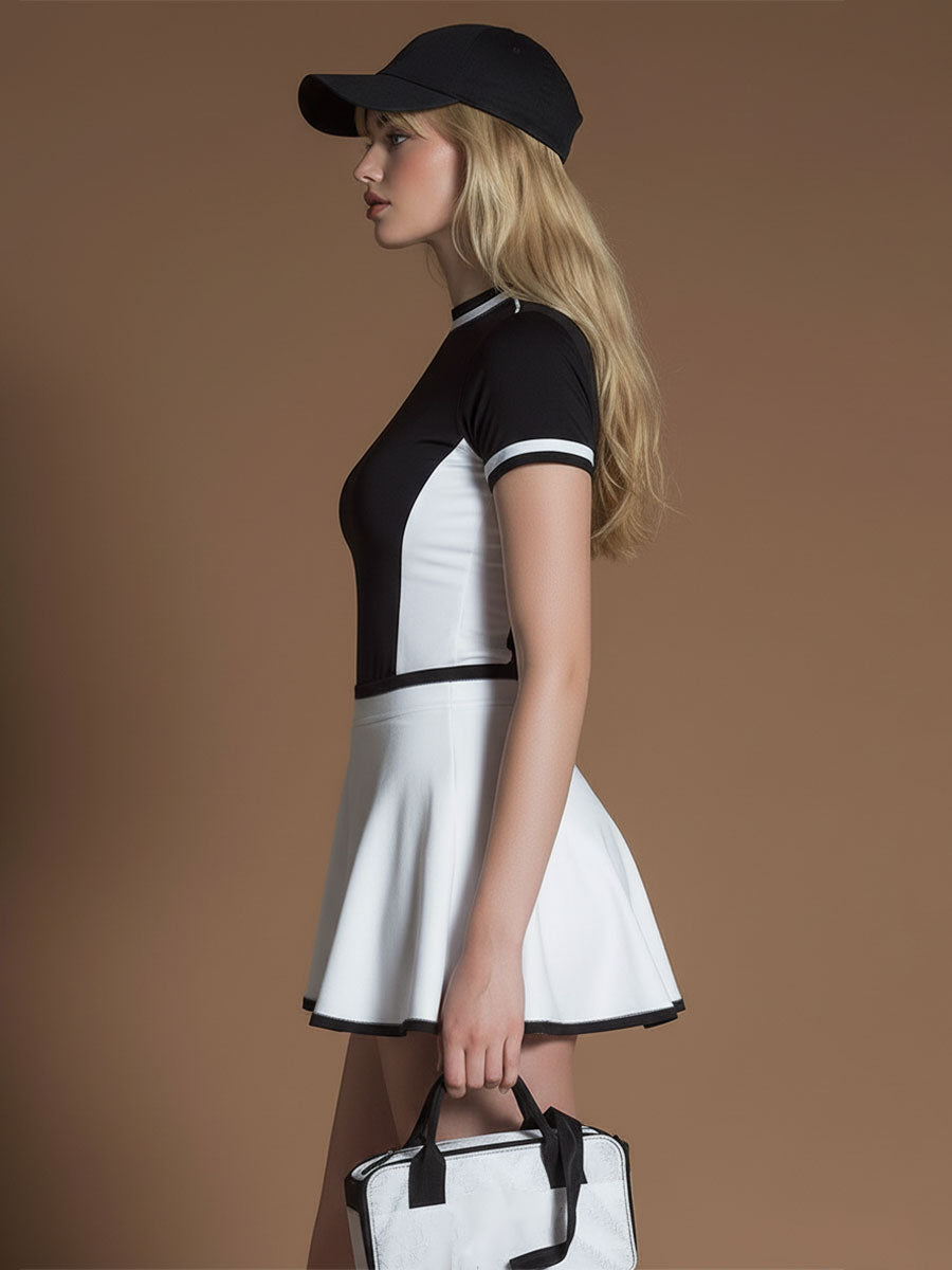 Stylish Black And White Color-blocked Short-sleeved Top And Skirt Set