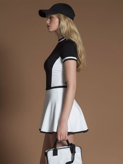 Stylish Black And White Color-blocked Short-sleeved Top And Skirt Set