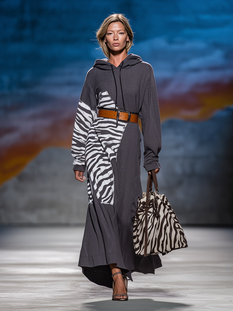 Stylish Grey Patchwork Zebra Print Hooded Maxi Dress