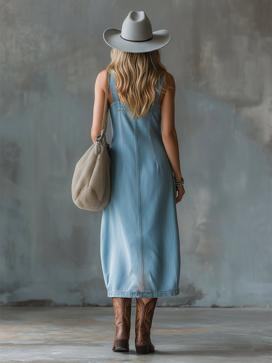 Vintage Elegant Suspender Blue Denim Front Button Square Neck Sleeveless Midi Dress