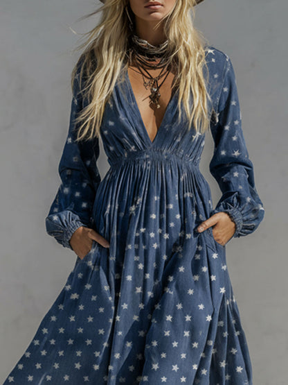 Retro V-neck Fitted Waist Star Denim Maxi Dress