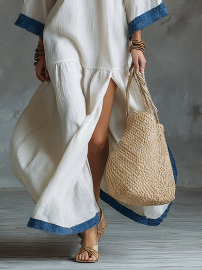 Elegant Silhouette Contrasting Trim White Cotton And Linen Wide-sleeved Maxi Dress