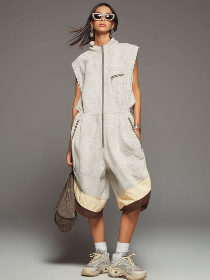 Sporty Retro Gray-white Cutout Sleeveless Shorts Jumpsuit