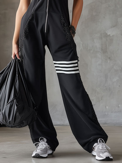 Sporty Retro Lace Striped Black Sleeveless Hooded Jumpsuit