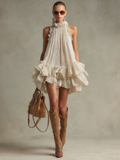 Vacation Retro Beige Lace Sleeveless Ruffled Mini Dress