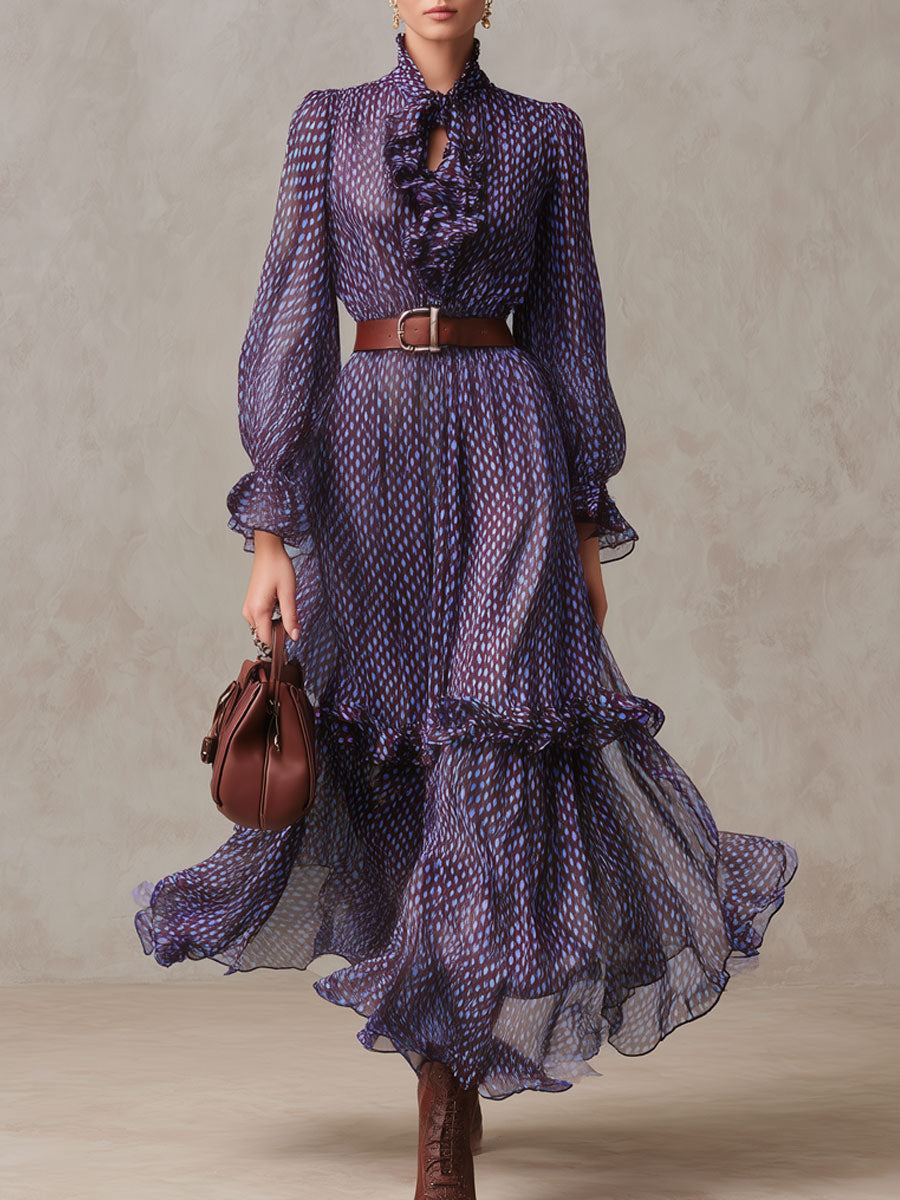 Fashionable Retro Geometric Purple Chiffon Long-sleeved Ruffle Maxi Dress