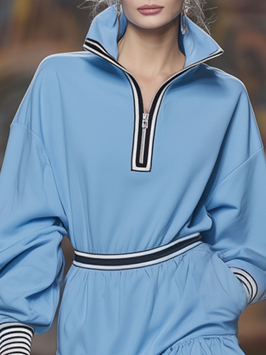 Loose-fitting Stand-collar Double-pocket Ruffled Long-sleeved Mini Dress