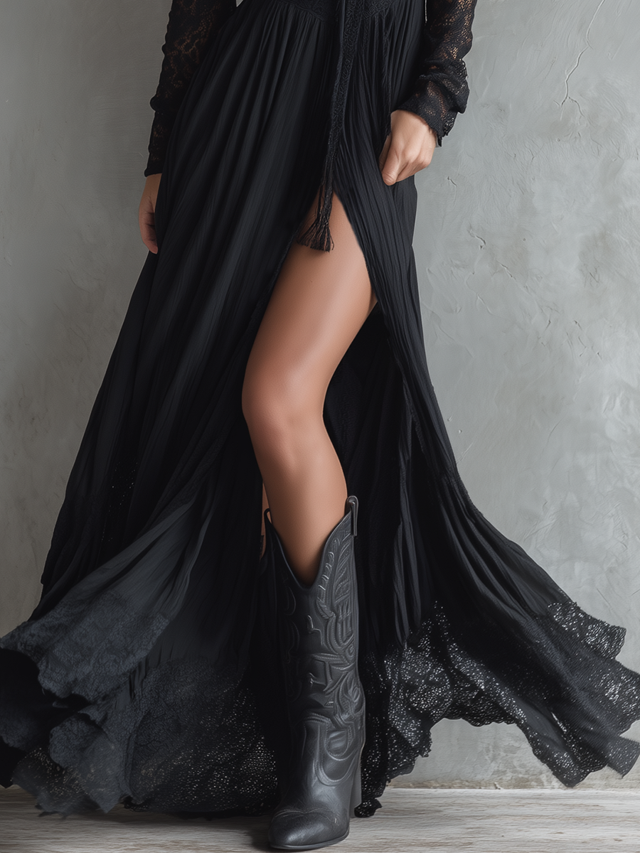 Stylish Western-style Lace-paneled Split Black Maxi Dress