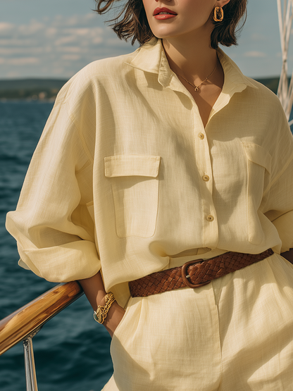 Simple And Stylish Resort-style Yellow Cotton And Linen Shirt And Shorts Set