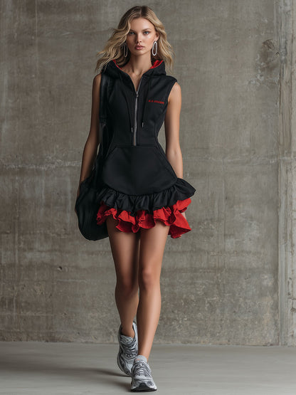 Sporty Retro Embroidered Red Ruffled Black Sleeveless Hooded Mini Dress