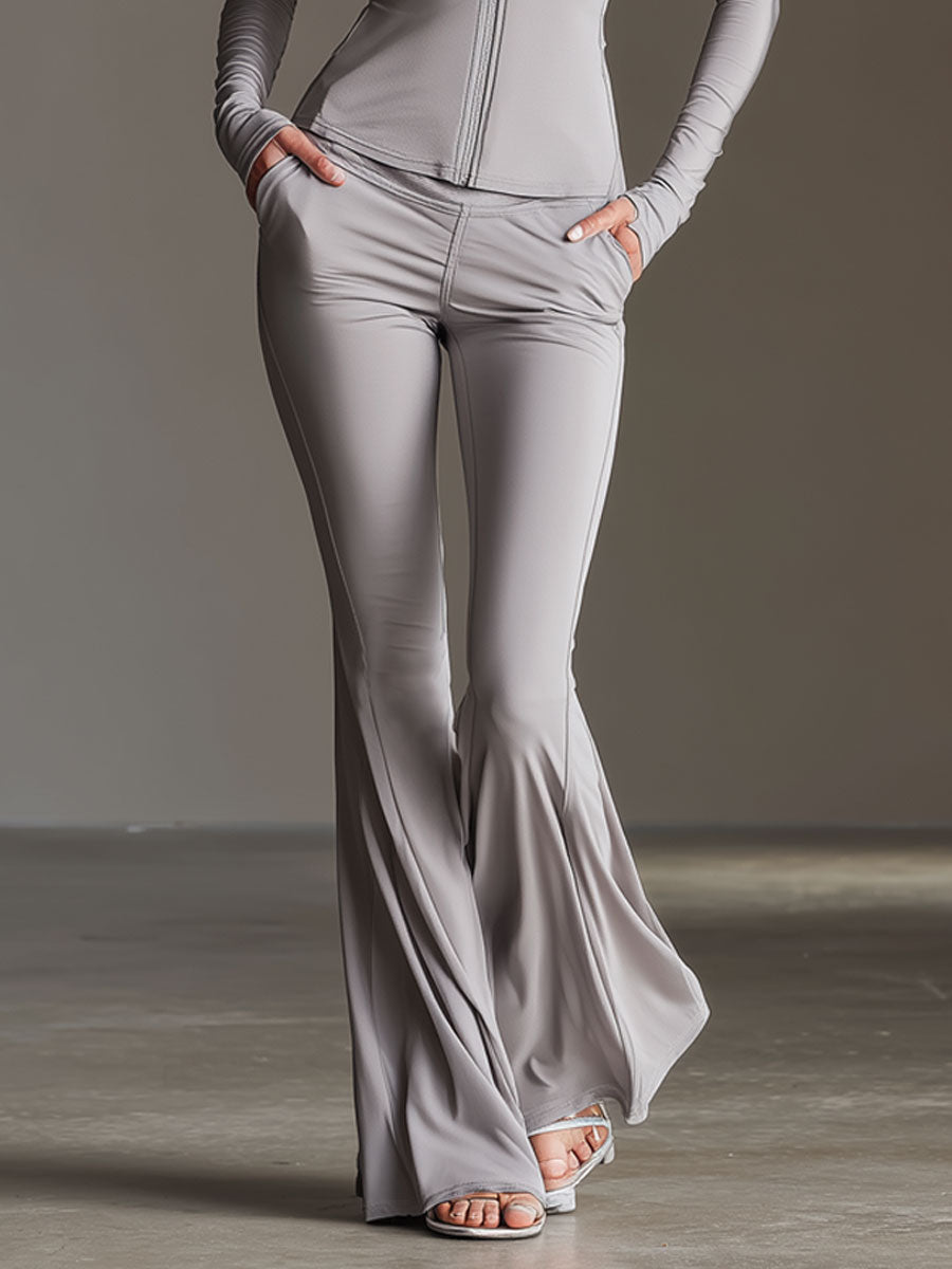 Fashionable Sporty Light Gray Long-sleeved Zip-up Top And Flared Pants Yoga Set