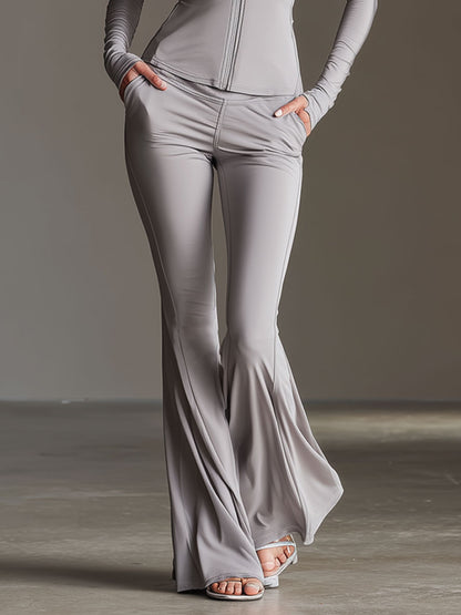 Fashionable Sporty Light Gray Long-sleeved Zip-up Top And Flared Pants Yoga Set