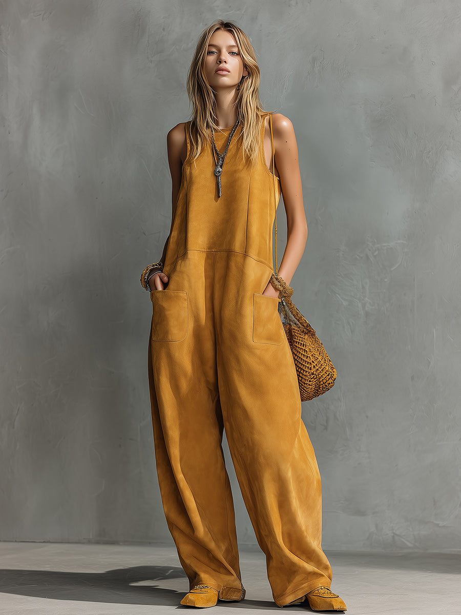 Retro Western Style Round Neck Sleeveless Faux Suede Jumpsuit