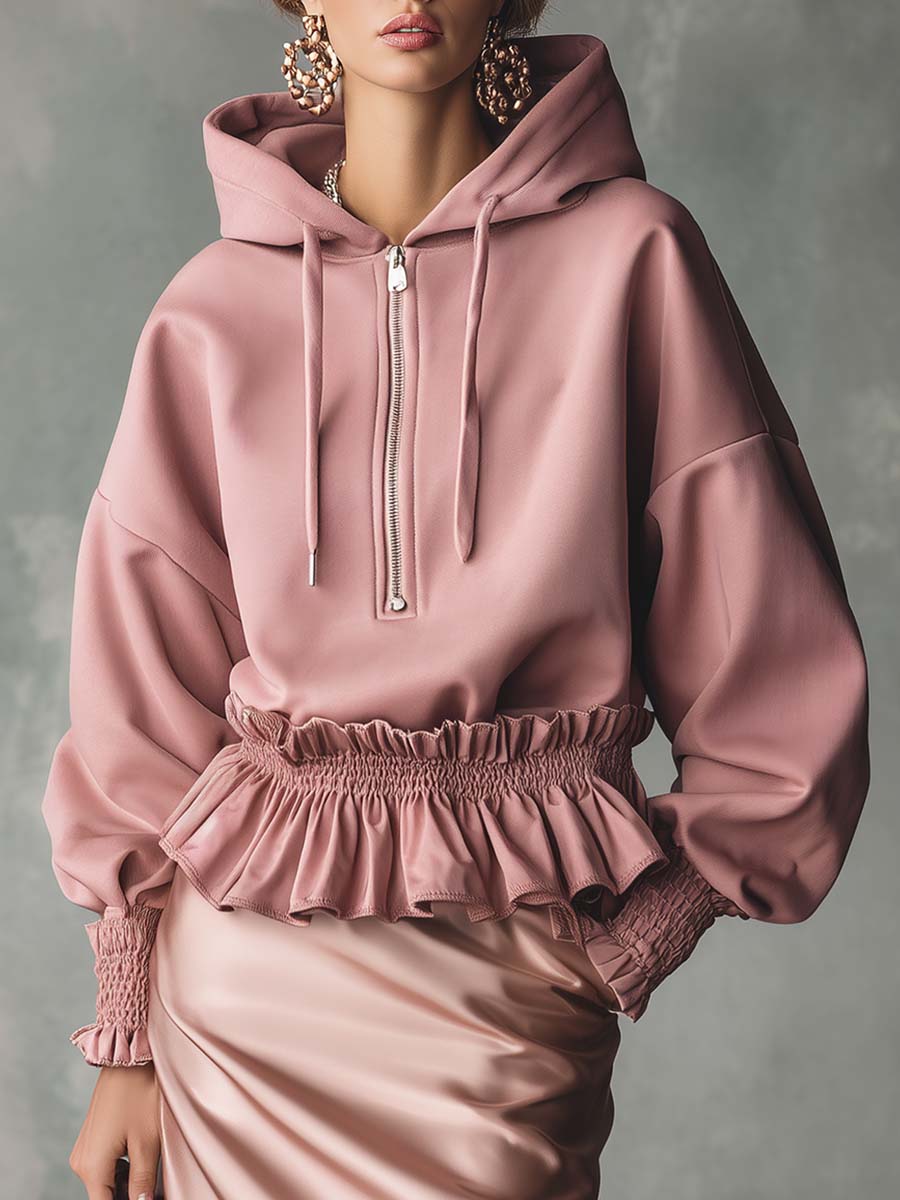 Elegant Exquisite Casual Ruffled Hem Front Zipper Front Zipper.Pink Cotton Hoodie