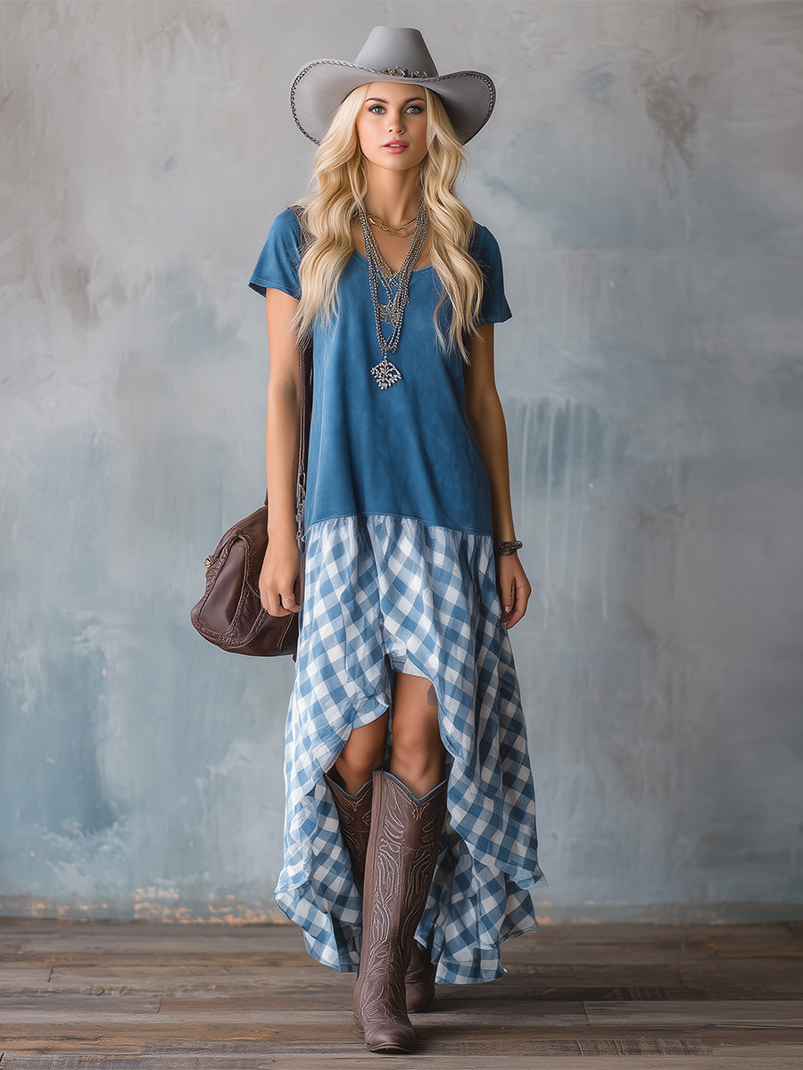Retro-style Fashionable Blue Faux Suede Patchwork Plaid Short-sleeved Maxi Dress