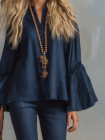 Elegant Navy Blue Cotton And Linen Flared-sleeve Shirt And Flared Pants Set