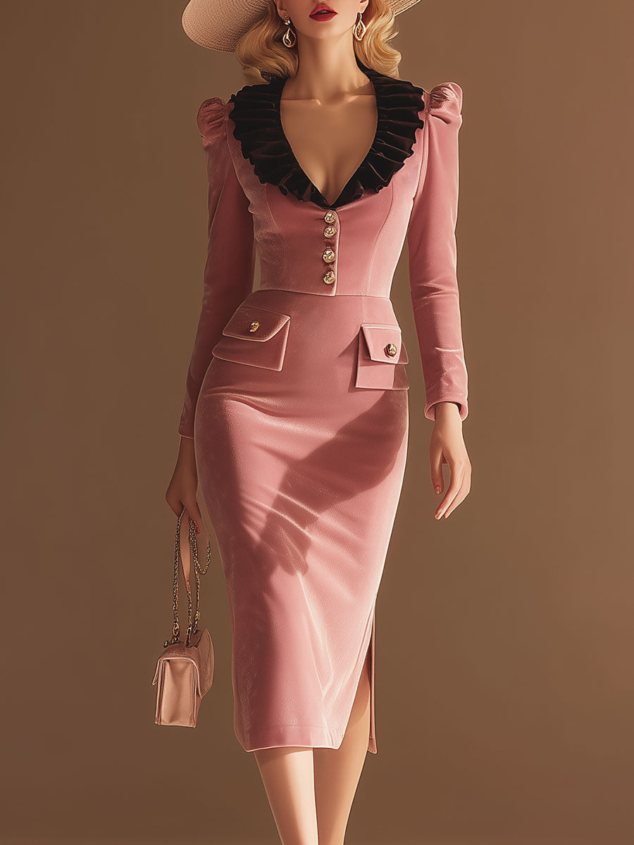 High-end And Elegant Brown Lapel Pink Velvet Midi Dress