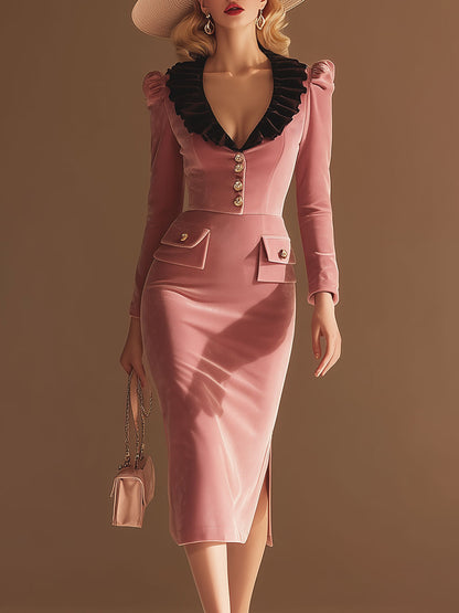 High-end And Elegant Brown Lapel Pink Velvet Midi Dress