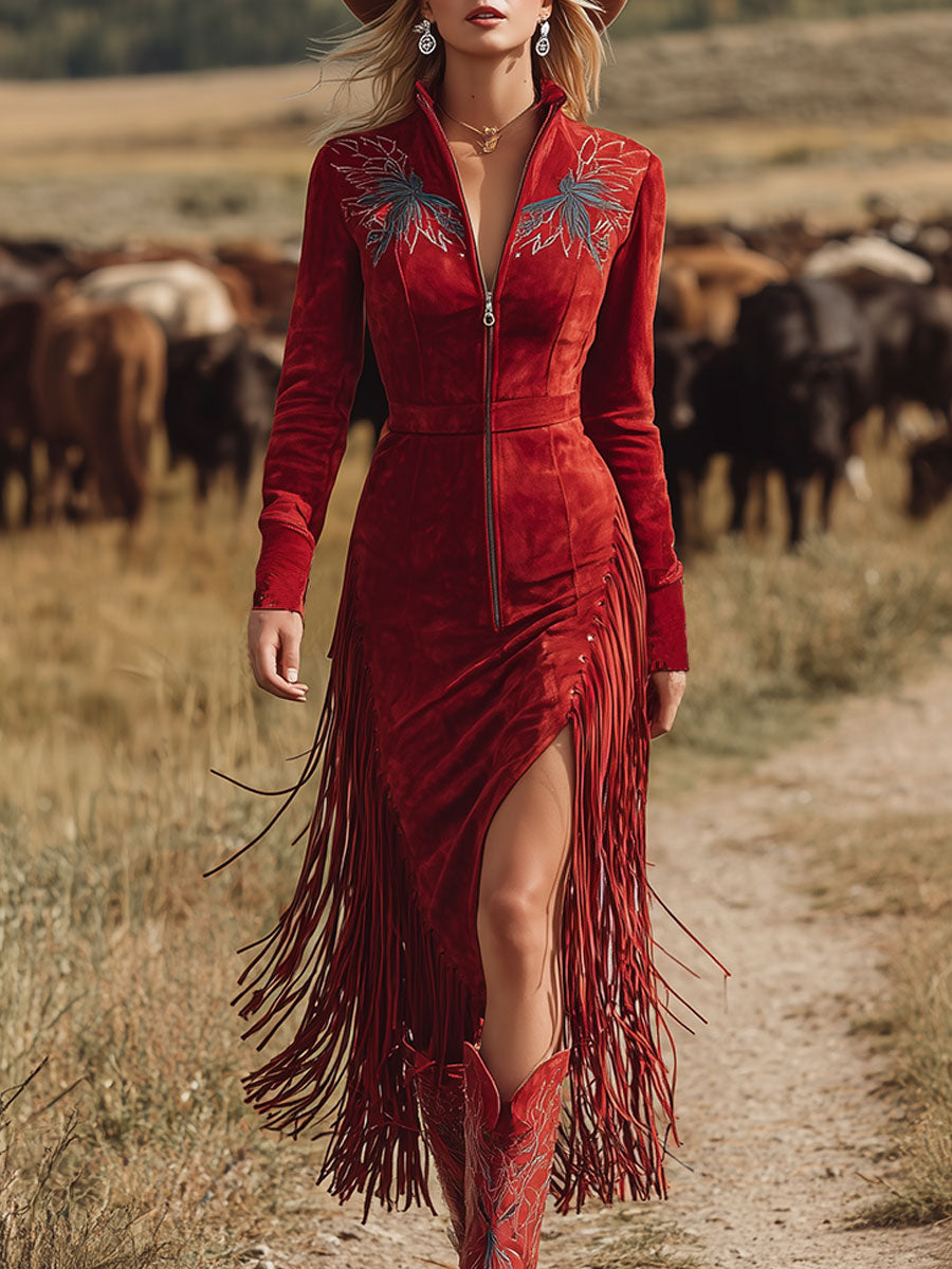 Western Style Vintage Embroidered Red Fringed Faux Suede Midi Dress